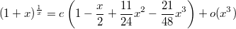 $$(1+x)^{\frac1x}=e\left(1-\frac{x}{2}+\frac{11}{24}x^2-\frac{21}{48}x^3\right)+o(x^3)$$