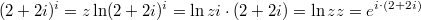 $$(2+2i)^i=z \\ \ln (2+2i)^i = \ln z \\ i \cdot (2+2i)= \ln z \\ z=e^{i \cdot (2+2i)}$$