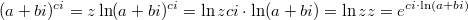 $$(a+bi)^{ci}=z \\ \ln(a+bi)^{ci}=\ln z \\ ci \cdot \ln(a+bi)= \ln z \\ z=e^{ci \cdot \ln(a+bi)}$$