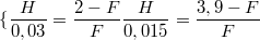 $$\{\frac {H} {0,03}=\frac {2-F} {F}\\\frac {H} {0,015}=\frac {3,9-F} {F}$$