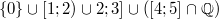 $$\{0\}\cup[1;2)\cup2;3]\cup([4;5]\cap\mathbb{Q})$$