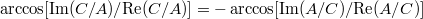 $$\arccos[\mathrm{Im}(C/A)/\mathrm{Re}(C/A)]=-\arccos[\mathrm{Im}(A/C)/\mathrm{Re}(A/C)]$$