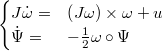 $$\begin{cases} J\dot{\omega} =& \left(J\omega\right)\times\omega+u\\ \dot{\Psi} =& -\frac{1}{2}\omega\circ\Psi\end{cases}$$