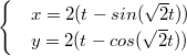 $$\begin{cases} & x= 2(t-sin(\sqrt 2t)) \\ & y= 2(t-cos(\sqrt 2t)) \end{cases}$$