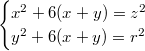 $$\begin{cases} x^2+6(x+y)=z^2 \\ y^2+6(x+y)=r^2\end{cases}$$