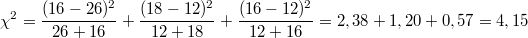$$\chi ^2=\frac{(16-26)^2}{26+16}+\frac{(18-12)^2}{12+18}+\frac{(16-12)^2}{12+16}= 2,38+1,20+0,57=4,15$$