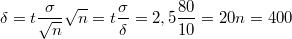 $$\delta =t\frac{\sigma }{\sqrt{n}}\\\sqrt{n}=t\frac{\sigma }{\delta }=2,5\frac{80}{10}=20\\n=400$$