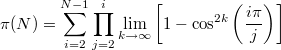 $$\displaystyle \pi (N)=\sum \limits_{i=2}^{N-1}\prod\limits_{j=2}^{i} \lim_{k \to \infty} \left [1-\cos^{2k} \left (\frac{i\pi}{j} \right )\right ]$$