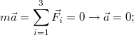 $$\displaystyle m \vec a =\sum_{i=1}^{3}{\vec F_i} = 0 \to \vec a = 0;  $$