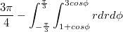 $$\frac{3\pi}{4}-\int_{-\frac{\pi}{3}}^{\frac{\pi}{3}}\int_{1+cos\phi}^{3cos \phi}rdrd\phi$$