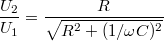 $$\frac{U_2}{U_1}=\frac{R}{\sqrt{R^2+(1/\omega C)^2}}$$