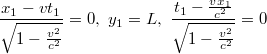 $$\frac{x_1-vt_1}{\sqrt{1-\frac{v^2}{c^2}}} = 0,\,\,y_1 = L,\,\, \frac{t_1-\frac{vx_1}{c^2}}{\sqrt{1-\frac{v^2}{c^2}}}= 0$$
