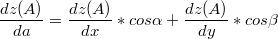 $$\frac {dz(A)} {da}=\frac {dz(A)} {dx}*cos\alpha + \frac {dz(A)} {dy}*cos\beta$$