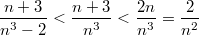 $$\frac {n+3} {n^3-2}<\frac {n+3} {n^3}<\frac {2n} {n^3}=\frac {2} {n^2}$$