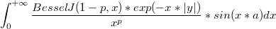 $$\int_{0}^{+\infty}{\frac {BesselJ(1-p,x)*exp(-x*|y|)} {x^p}*sin(x*a)dx}$$