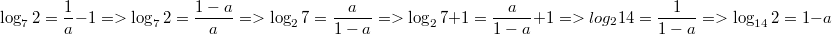 $$\log_{7}{2}=\frac{1}{a}-1 =>\log_{7}{2}=\frac{1-a}{a} => \log_{2}{7}=\frac{a}{1-a} => \log_{2}{7}+1=\frac{a}{1-a}+1 => log_{2}{14}=\frac{1}{1-a} => \log_{14}{2}=1-a$$