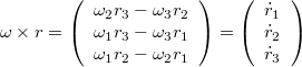 $$\omega\times r=\left(\begin{array}{ccc} \omega_{2}r_3 - \omega_{3}r_2\\ \omega_{1}r_3 - \omega_{3}r_1\\ \omega_{1}r_2 - \omega_{2}r_1\\ \end{array}\right) = \left(\begin{array}{c} \dot{r}_{1}\\ \dot{r}_{2}\\ \dot{r}_{3}\end{array}\right)$$