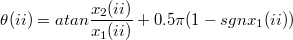 $$\theta(ii) = atan \frac{x_2(ii)}{x_1(ii)}+0.5 \pi(1-sgn x_1(ii))$$