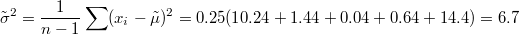 $$\tilde{\sigma}^2=\frac{1}{n-1} \sum (x_i -\tilde{\mu})^2=0.25(10.24+1.44+0.04+0.64+14.4)=6.7$$