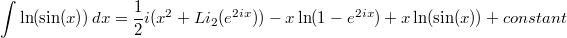 $$ \int \ln(\sin(x)) \,dx = \frac 1 2 i (x^2 + Li_2(e^{2 i x})) - x \ln(1 - e^{2 i x}) + x \ln(\sin(x)) + constant $$