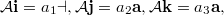 $$ \mathcal{A} \mathbf{i} = a_1 \mathcal{a},\\ \mathcal{A} \mathbf{j} = a_2 \mathbf{a},\\ \mathcal{A} \mathbf{k} = a_3 \mathbf{a}, $$