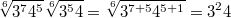 $$ \sqrt[6]{3^7 4^5}\sqrt[6]{3^5 4}=\sqrt[6]{3^{7+5} 4^{5+1}}= 3^2 4$$