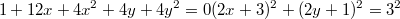 $$1+12 x+4 x^2+4 y+4 y^2=0\\(2x+3)^2+(2y+1)^2=3^2$$