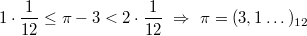 $$1\cdot \frac{1}{12}\le\pi-3<2\cdot \frac{1}{12} \ \Rightarrow \ \pi=(3,1\dots)_{12}$$