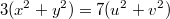 $$3(x^2+y^2)=7(u^2+v^2)$$