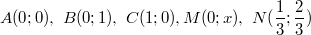 $$A(0 ; 0), \ B(0; 1), \ C(1; 0), M(0; x), \ N(\frac{1}{3}; \frac{2}{3})$$