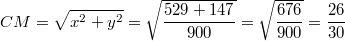 $$CM=\sqrt{x^2+y^2}=\sqrt{\frac{529+147}{900}}=\sqrt{\frac{676}{900}}=\frac{26}{30}$$