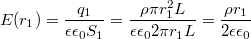 $$E(r_1)=\frac{q_1}{\epsilon\epsilon_0S_1}=\frac{\rho\pi r_1^2L}{\epsilon\epsilon_02\pi r_1L}=\frac{\rho r_1}{2\epsilon\epsilon_0}$$