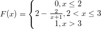 $$F(x)=\left\{\begin{matrix} 0, x\leq 2\\ 2-\frac{2}{x+1}, 2< x\leq 3\\ 1, x> 3 \end{matrix}\right.$$