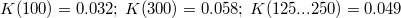 $$K(100)=0.032;\;K(300)=0.058;\;K(125...250)=0.049$$