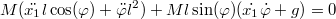 $$M({\ddot{x_1}}l\cos(\varphi)+{\ddot{\varphi}}l^2)+Ml\sin(\varphi)(\dot{x_1}\dot{\varphi}+g)=0$$