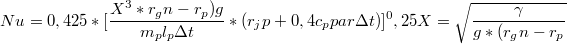 $$Nu= 0,425*[\frac {X^3 * r_gn-r_p)g} {m_p l_p \Delta t} *(r_jp+0,4 c_ppar \Delta t)]^0,25X=\sqrt{\frac {\gamma} {g*(r_gn-r_p}} $$