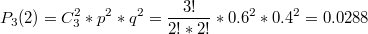 $$P_3(2)=C^2_3*p^2*q^2=\frac{3!}{2!*2!}*0.6^2*0.4^2=0.0288 $$