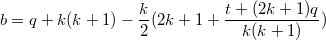 $$b=q+k(k+1)-\frac{k}{2}(2k+1+\frac{t+(2k+1)q}{k(k+1)})$$