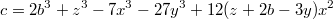 $$c=2b^3+z^3-7x^3-27y^3+12(z+2b-3y)x^2$$