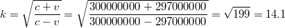 $$k=\sqrt{\frac{c+v}{c-v}}=\sqrt{\frac{300000000+297000000}{300000000-297000000}}=\sqrt{199}=14.1$$