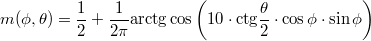 $$m(\phi ,\theta )=\frac{1}{2}+\frac{1}{2\pi }\text{arctg} \cos \left(10\cdot \text{ctg}\frac{\theta }{2}\cdot \cos  \phi \cdot  \sin  \phi \right)$$