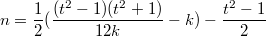 $$n=\frac{1}{2}(\frac{(t^2-1)(t^2+1)}{12k}-k)-\frac{t^2-1}{2}$$