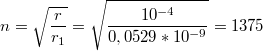 $$n=\sqrt{\frac {r} {r_1}}=\sqrt{\frac {10^{-4}} {0,0529*10^{-9}}}=1375$$