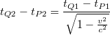 $$t_{Q2}-t_{P2}=\frac{t_{Q1}-t_{P1}}{\sqrt{1-\frac{v^2}{c^2}}}$$