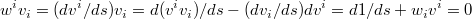 $$w^i v_i = (dv^i/ds) v_i = d(v^i v_i) / ds - (dv_i / ds) dv^i = d1/ds + w_i v^i = 0$$