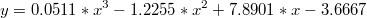 $$y = 0.0511*x^3 - 1.2255*x^2 + 7.8901*x - 3.6667$$